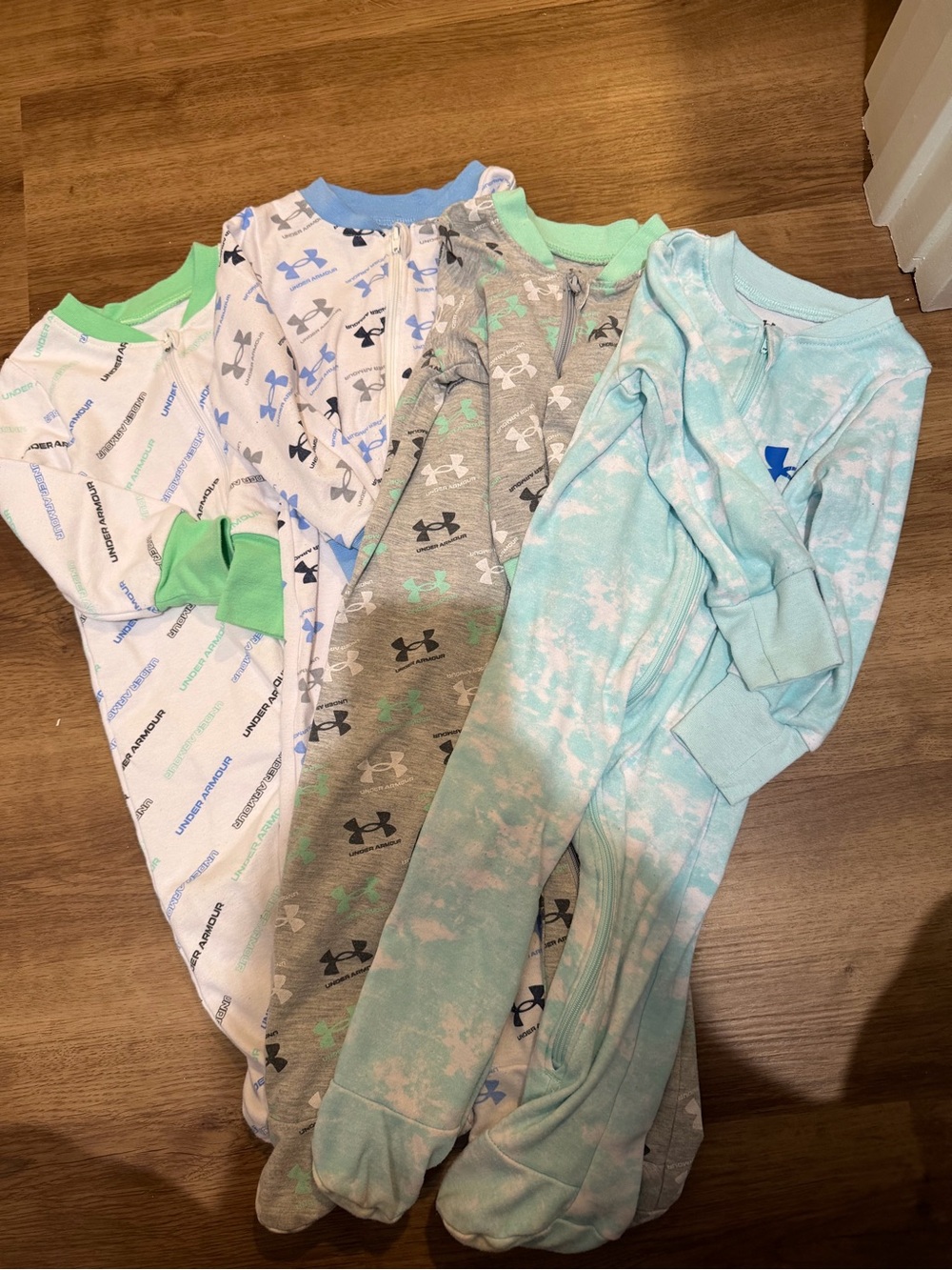 4 Under Armour Kids Pajama Footed Sleepers - Light Blue, Gray, White, Mint
